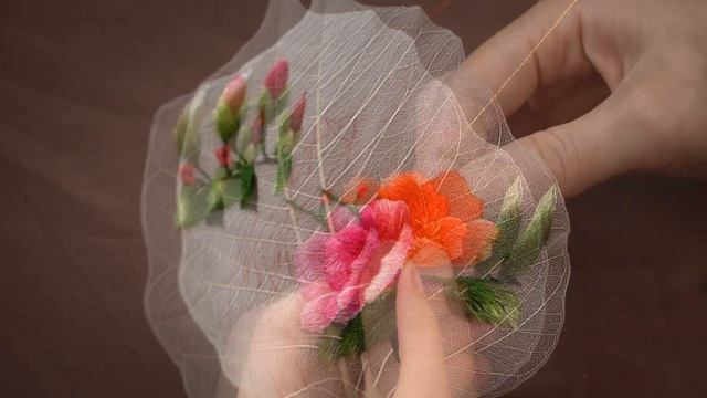 Embroidery Art on Bodhi Skeleton Leaves - Bird vs Flowers Hand Embroidery