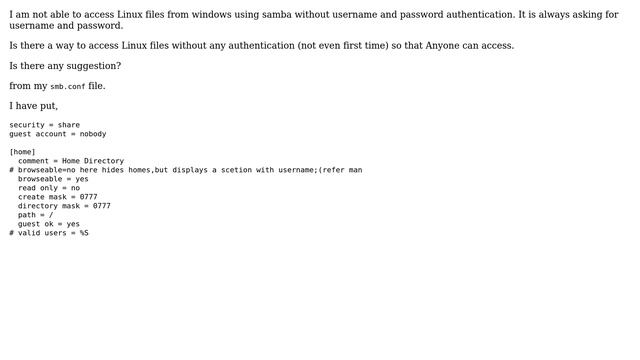 How to access linux files using samba from windows without username and password authentication? смотреть онлайн