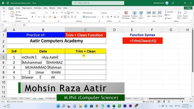 ?️ Trim + CLean Functions Explained in Urdu / Hindi | Learn MS Excel with Aatir Academy 2022