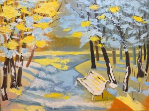 Картина Зимняя скамейка. Живопись маслом