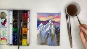 Как нарисовать закат и горы. Рисуем горный пейзаж акварелью. Урок рисования. Рисую просто и легко
