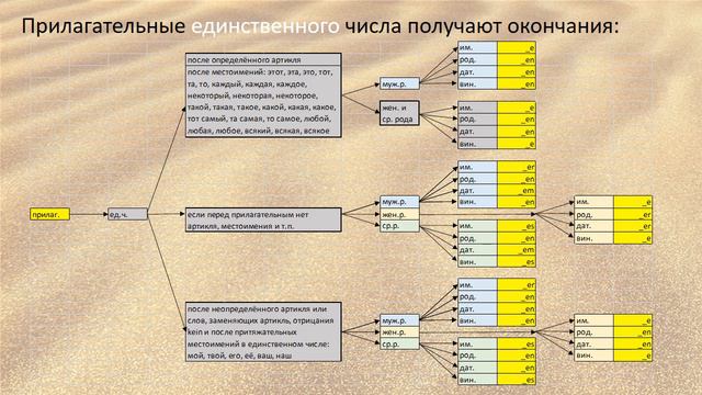 Наглядная, краткая, понятная и простая инфографика. Окончания прилагательных в немецком языке.