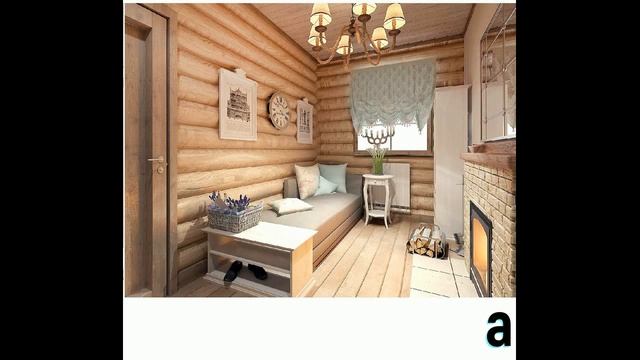 Дизайн-проект интерьера бани из бревна с кухней-гостиной и террасой