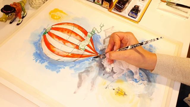 Painting Process with Ink. Old Circus. Как рисовать тушью. Рисунок поэтапно. Цирк с медведем. смотреть онлайн