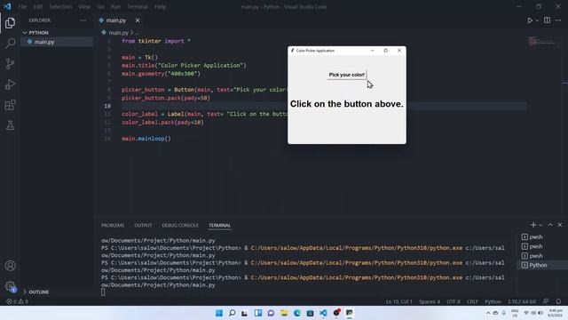 Python hex color picker with GUI using Tkinter in Visual Studio Code