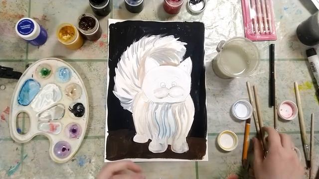 Рисуем белого кота гуашью пошагово! Очень добрый и пушистый белый кот! Самый легкий урок рисования!