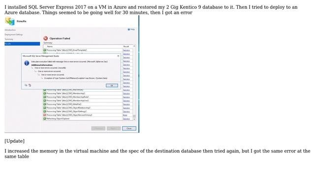DevOps & SysAdmins: Exception of type "System.OutOfMemoryException" deploying database to Azure