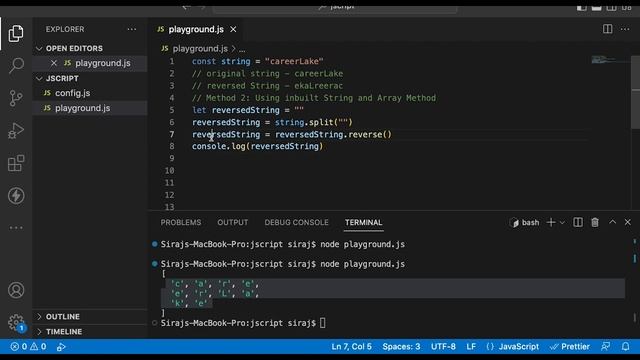 Reverse String Using Inbuilt Methods | JavaScript | Nodejs | Interview Tips
