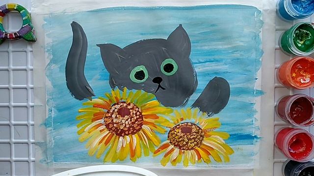 КАК Нарисовать КОТИКА?Рисуем котика на полянке