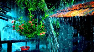 Глубокий сон и расслабление с сильным дождем на черепичной крыше и сильным громом в саду ночью.