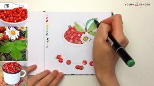 Как нарисовать землянику в кружке? / Урок по рисованию маркерами для новичков #16