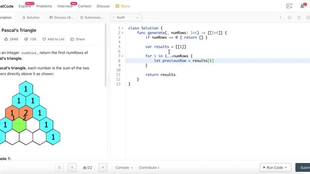 Leetcode 118. Pascal's Triangle - Swift (Swift Programming Language, Algorithm & Data Structures)
