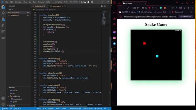 Coding the Snake Game using JavaScript (First Time using the Live Server of Visual Studio Code)