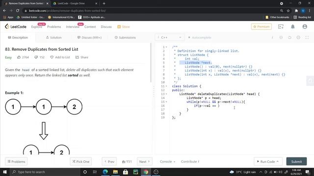 83 Remove Duplicates from Sorted list leetcode problem in c++ | leetcode for beginners | leetcode