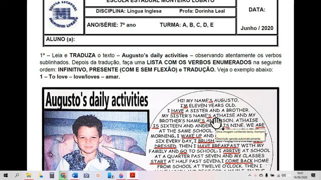 Vídeo 4.7 - Activity - Simple Present Tense - Text - Augusto's daily activities - 7º