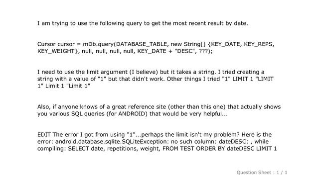 Android : How to use the LIMIT argument in an SQLite Query with Android