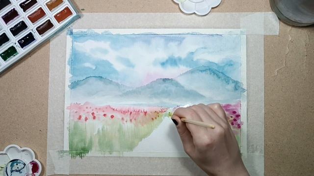 Поэтапное рисование пейзажа акварелью - поля тюльпанов и холмы