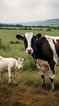 Корова и коза на ферме.#Корова.#Коза