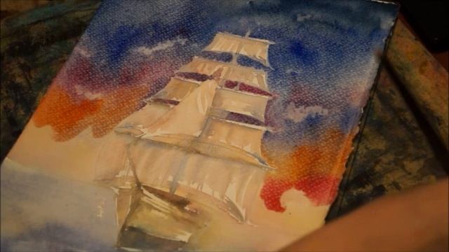 Акварель. Корабль на закате. смотреть онлайн