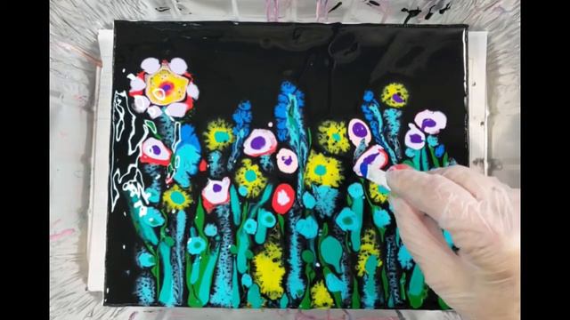 Dream GardenFluid Acrylic paintingflower garden paintingblack baseRainbow Canvas 49