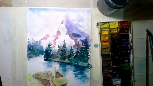 ГОРНОЕ ОЗЕРО. Учимся рисовать пейзаж акварелью. Mountain lake draw watercolor.
