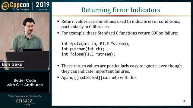 Better Code with C++ Attributes - Ben Saks - CppCon 2019 – смотреть ...
