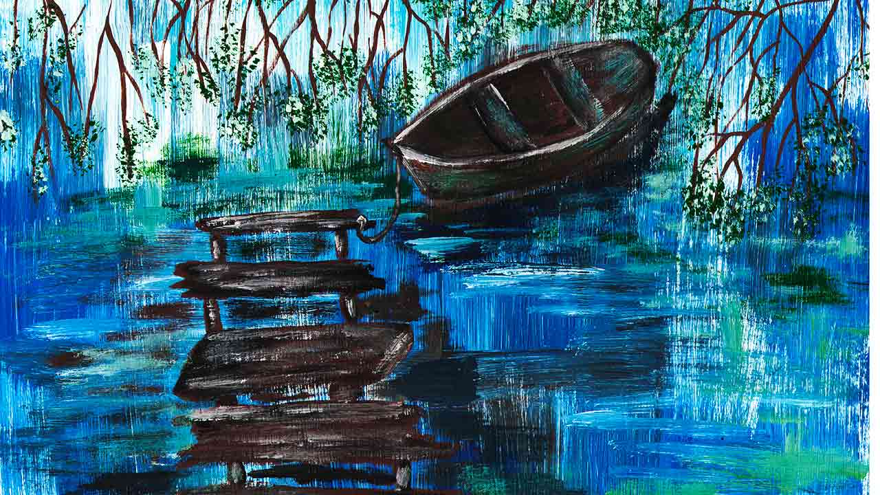 Как нарисовать пейзаж. Рисуем лодку на озере.