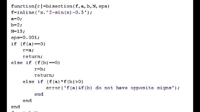 Bisection Method MATLAB Code