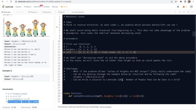 Leetcode 1944. Number of Visible People in a Queue - monotonic stack - decreasing stack смотреть онлайн