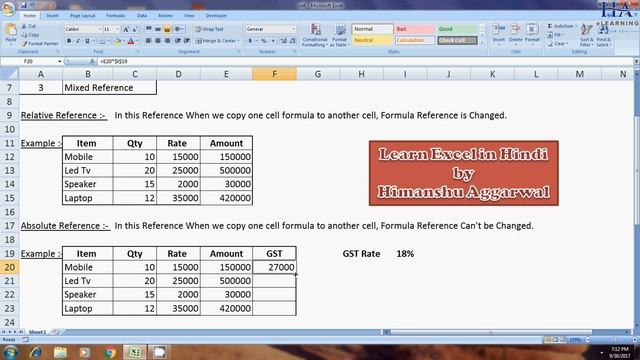 Cell Reference in Excel in Hindi - (By Himanshu Aggarwal)