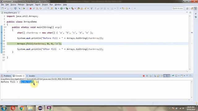 How to use fill(char[] a, int fromIndex, int toIndex, char val) method of Java.util.Arrays Class? смотреть онлайн