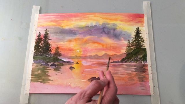 Рисуем пейзаж с закатом, скалами, рекой с камнями и елями акварелью. Мастер класс. Часть 4. смотреть онлайн