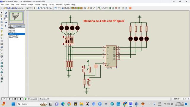 Memoria de 4 bits con 4 Flip Flop tipo D en proteus
