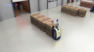 Автоматический вилочный робот перемещает паллеты на складе готовой продукции