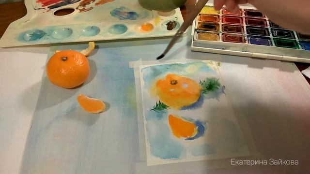 Мандарины акварелью.  Новогодняя открытка