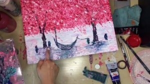 DEMO РИСУЕМ САКУРУ В ТЕХНИКЕ  ИМПРЕССИОНИЗМ, мастер класс по живописи акрилом ЦВЕТЫ, картина за час