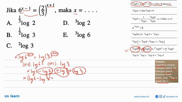 Jika 6^(x-1)=(2/3)^(x+1), maka x=.... смотреть онлайн