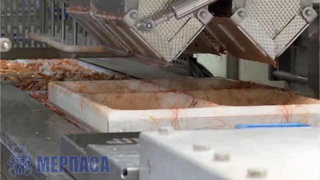 Упаковка креветок на вакуумном упаковщике.  Термоформер SEALPAC RE25
