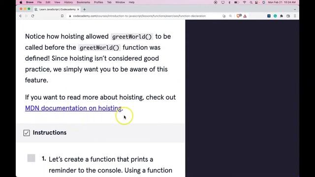 Learn JavaScript, Function Declarations Explained, How Function Declarations Work on Codecademy JS