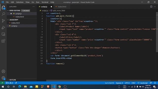 How to Delete a Row element by Remove button in JavaScript