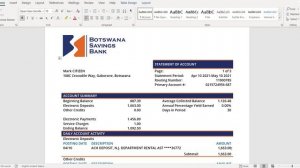 Botswana Savings banking statement template in Word and PDF format