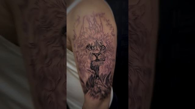 ? Татуировка Лев, горы, облака, в процессе.  ? Lion tattoo process.