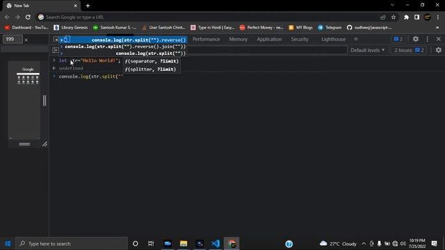 Program to reverse a string in one line of code on console | JavaScript String Method #jobinterview