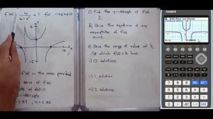 Casio fx-CG50 finding zeros, asymptotes, y-intercept and solving f(x) = k