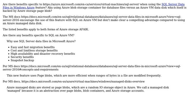 Databases: Azure blob storage container vs VM managed disk for SQL on Azure VM database files