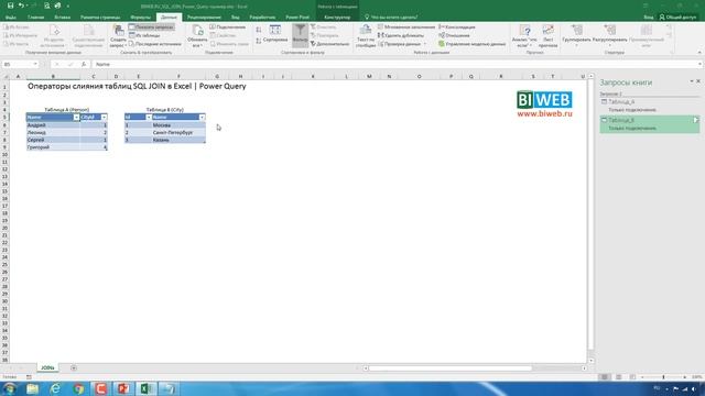 BIWEB (#18) Операторы слияния таблиц SQL JOIN в Excel Power Query