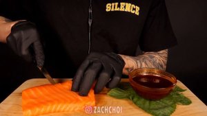ASMR SALMON SASHIMI + NUCLEAR FIRE SAUCE MUKBANG (No Talking) EATING SOUNDS | Zach Choi ASMR