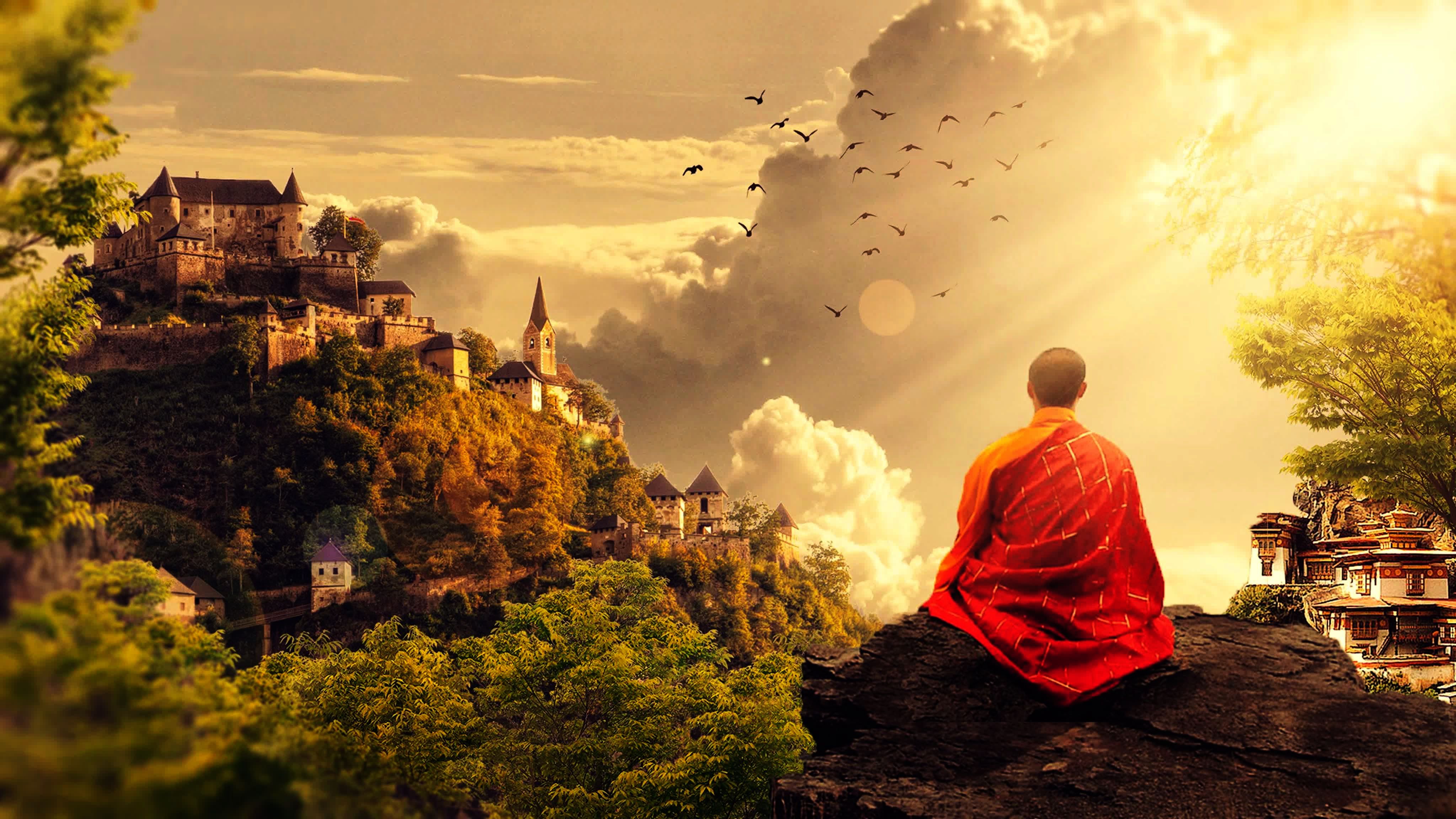 Мудрый фон. Буддистский монах Тибет арт. Будда Шаолинь. Медитация. Монах на горе.