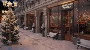 Nightly Snow on Street at Coffee Shop Ambience with Relaxing Smooth Jazz Music and Snowflakes