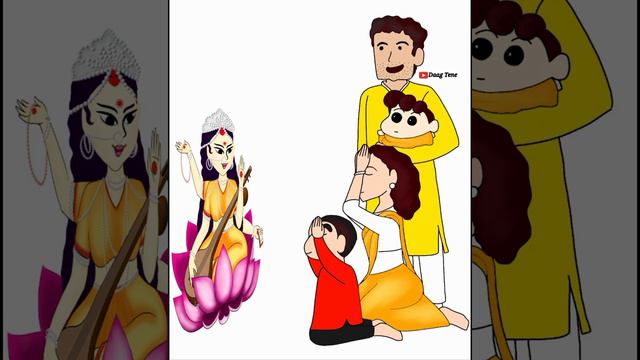 Shinchan's Family Praying to Devi Saraswati // Shinchan // Maa Saraswati // Digital art // Daag Ten